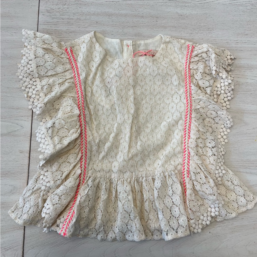 Louise Misha Lace Ruffle Girls Top - Cream and Pink